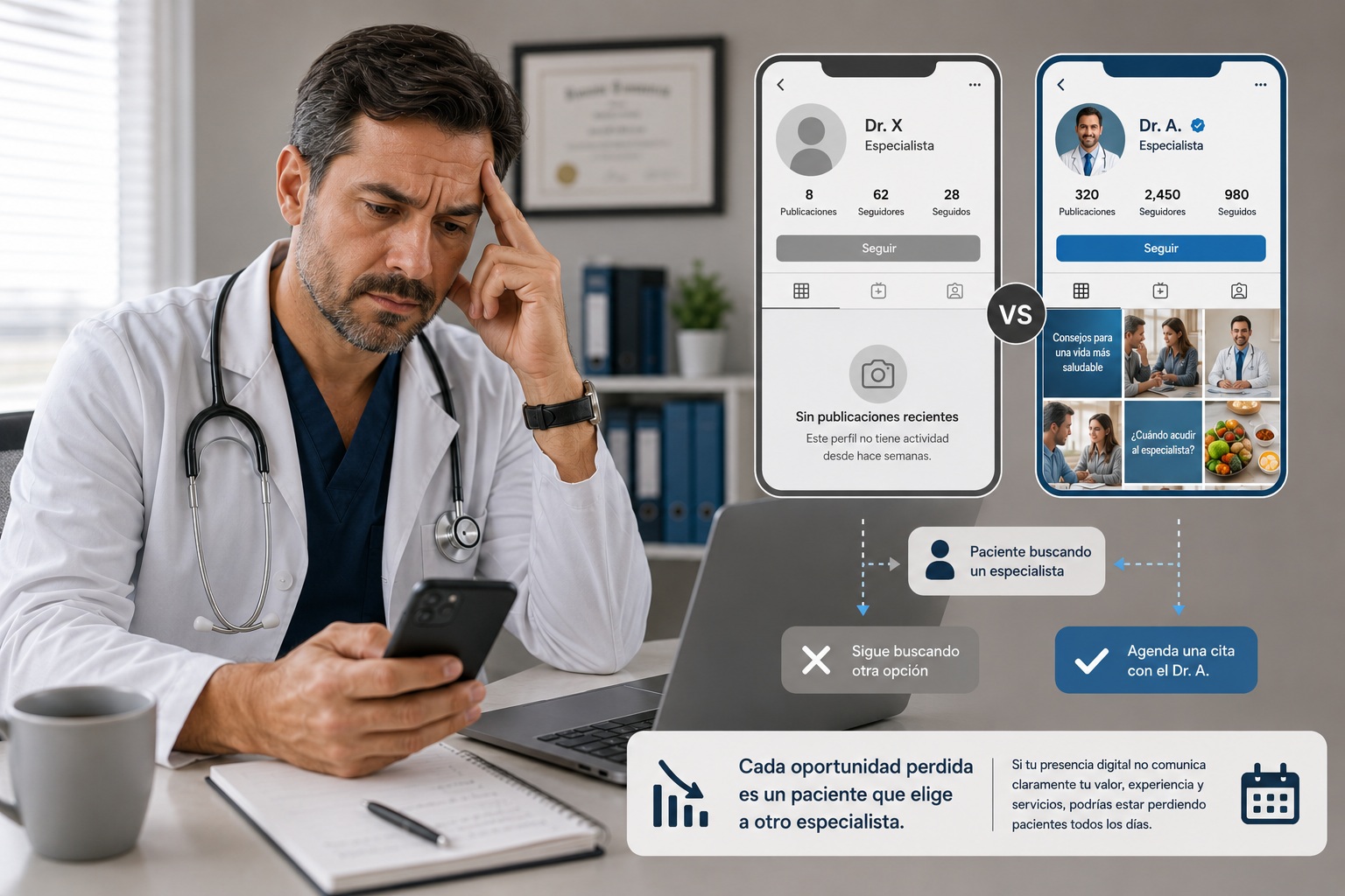 Médica usando herramientas digitales para mejorar visibilidad